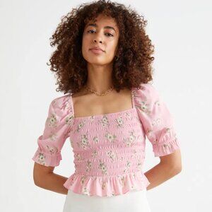 & Other Stories Pink Floral Puff Sleeve Smocked Crop Top (size 2)